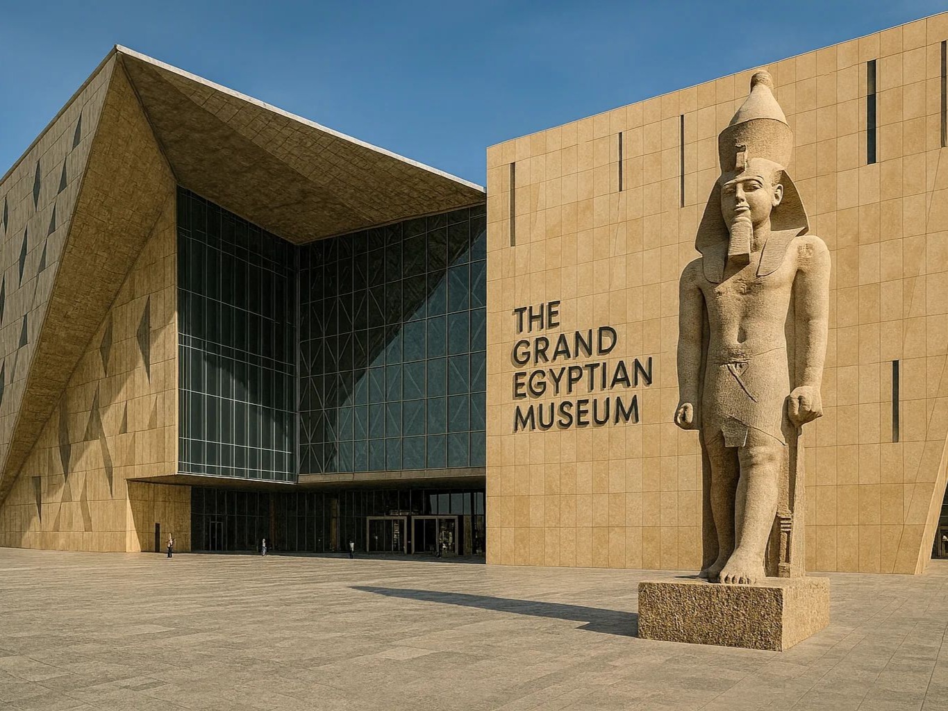 Grand Egyptian Museum exterior and Ramses II statue