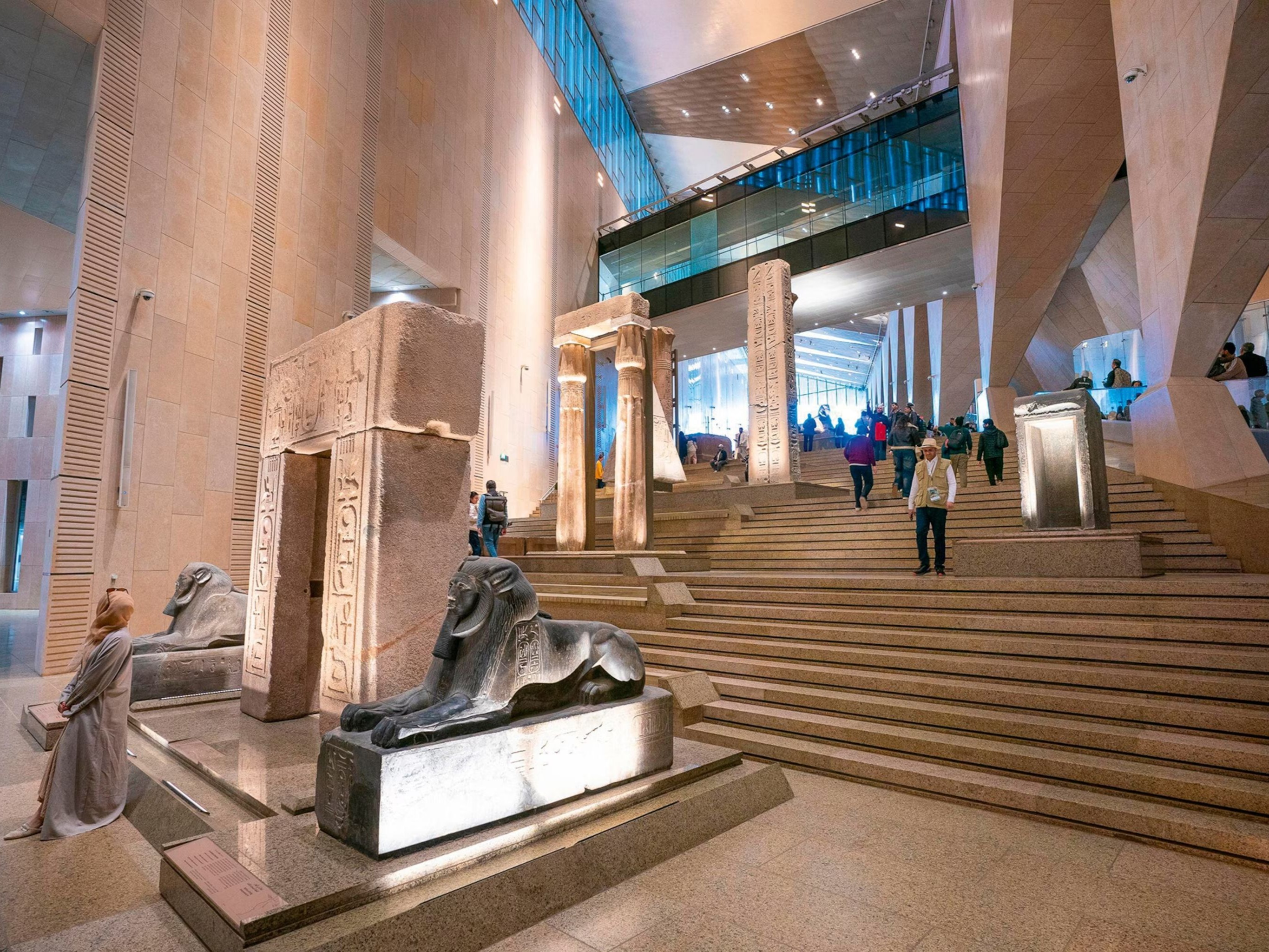 Grand Egyptian Museum staircase and statues